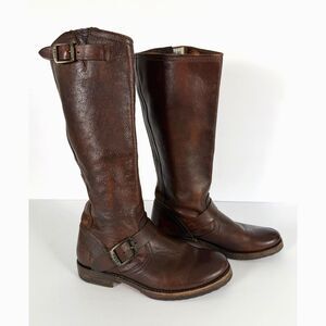 Frye Smith Engineer Riding Boots Brown Distressed Leather Womens 7B Harness Moto